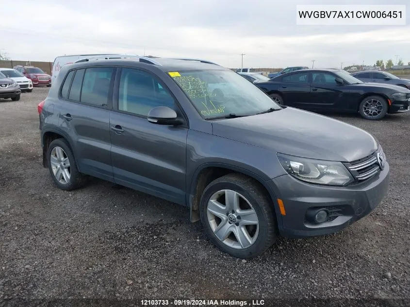 2012 Volkswagen Tiguan VIN: WVGBV7AX1CW006451 Lot: 12103733