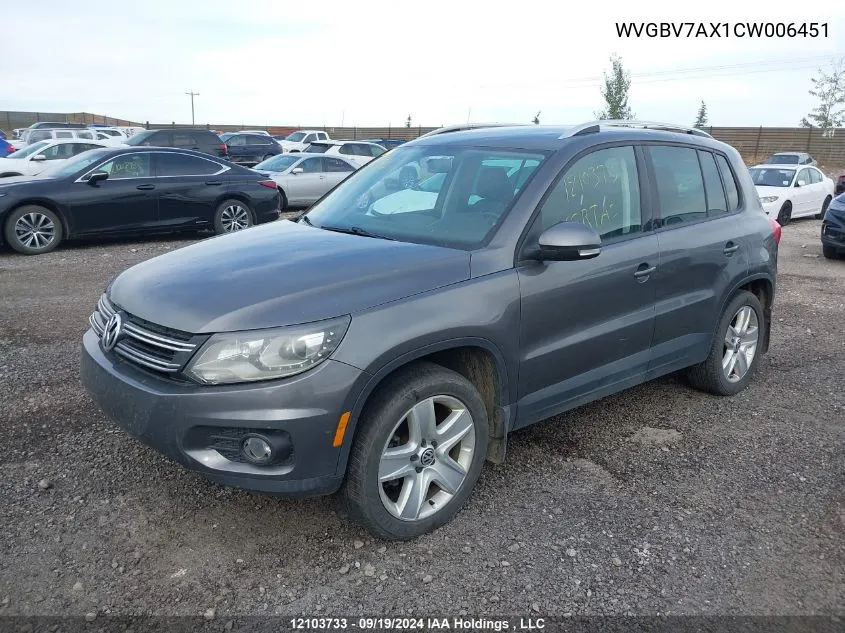 2012 Volkswagen Tiguan VIN: WVGBV7AX1CW006451 Lot: 12103733