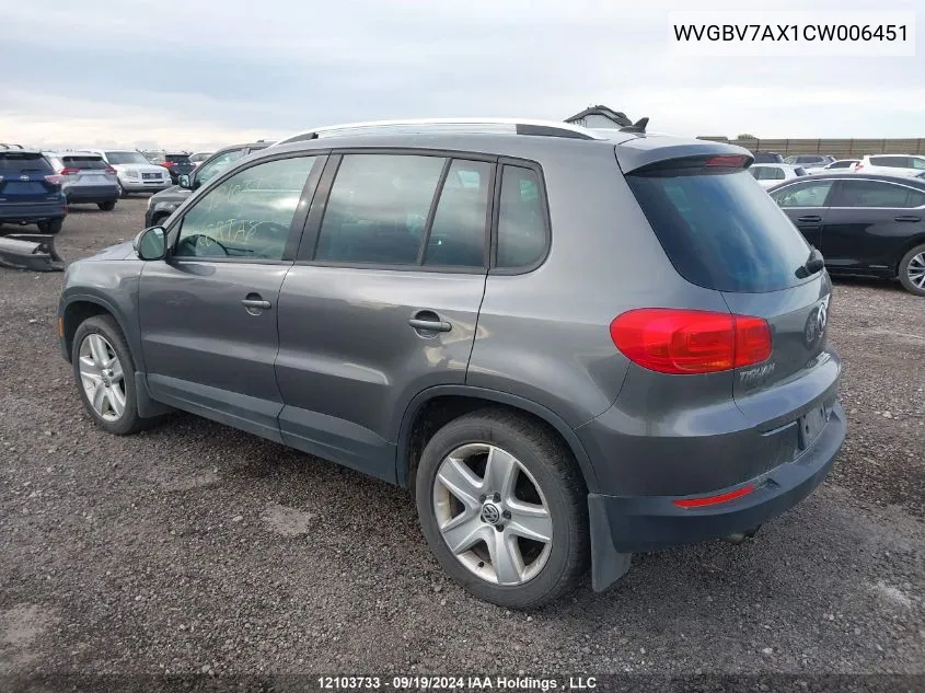 2012 Volkswagen Tiguan VIN: WVGBV7AX1CW006451 Lot: 12103733