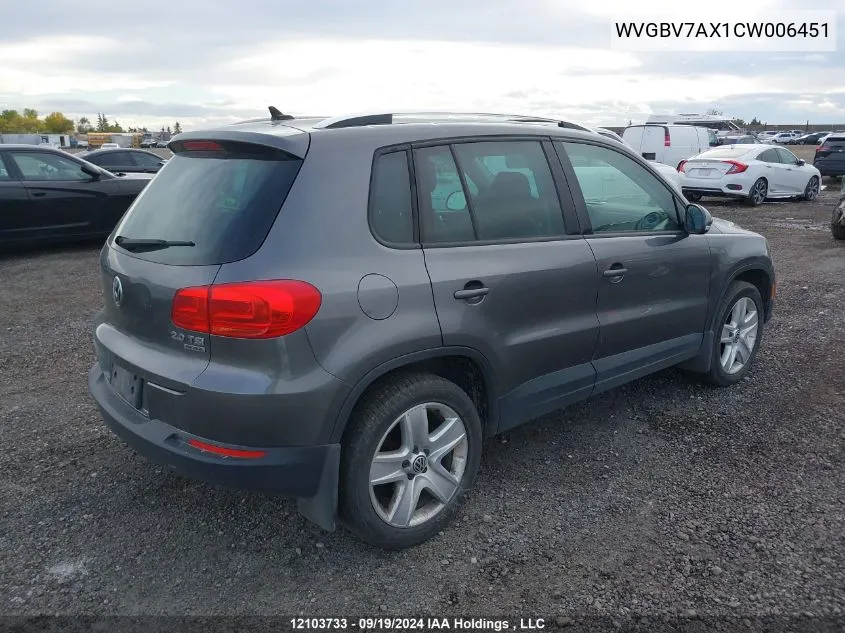 2012 Volkswagen Tiguan VIN: WVGBV7AX1CW006451 Lot: 12103733