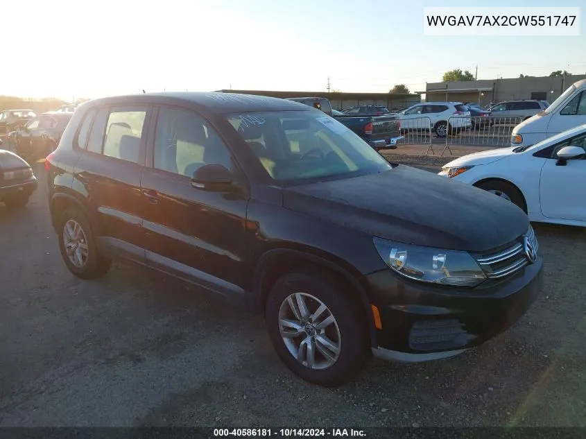 2012 Volkswagen Tiguan S/Se/Sel VIN: WVGAV7AX2CW551747 Lot: 40586181