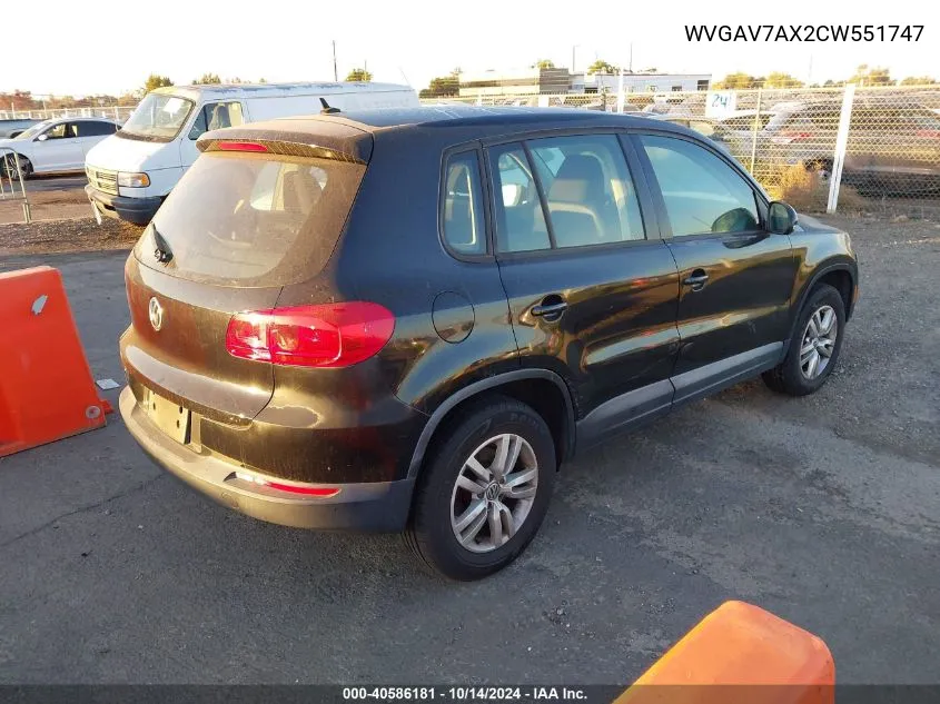 2012 Volkswagen Tiguan S/Se/Sel VIN: WVGAV7AX2CW551747 Lot: 40586181