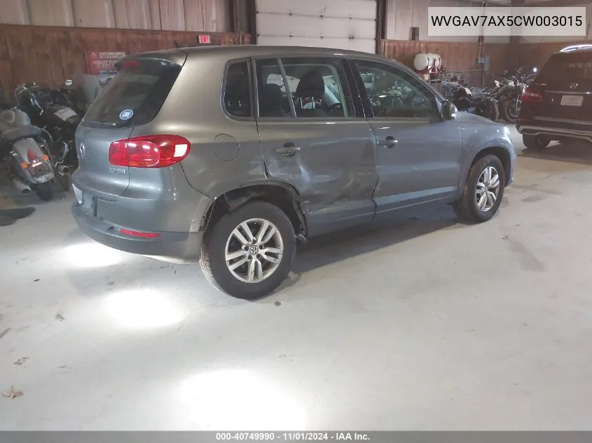 2012 Volkswagen Tiguan S VIN: WVGAV7AX5CW003015 Lot: 40749990