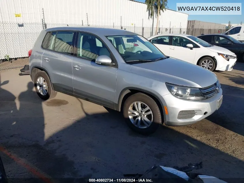 2012 Volkswagen Tiguan S VIN: WVGAV7AX4CW520418 Lot: 40802734