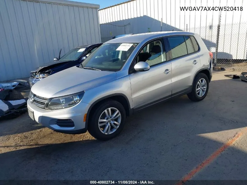 2012 Volkswagen Tiguan S VIN: WVGAV7AX4CW520418 Lot: 40802734