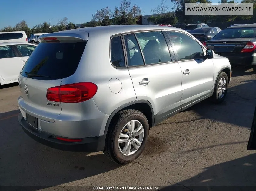 2012 Volkswagen Tiguan S VIN: WVGAV7AX4CW520418 Lot: 40802734