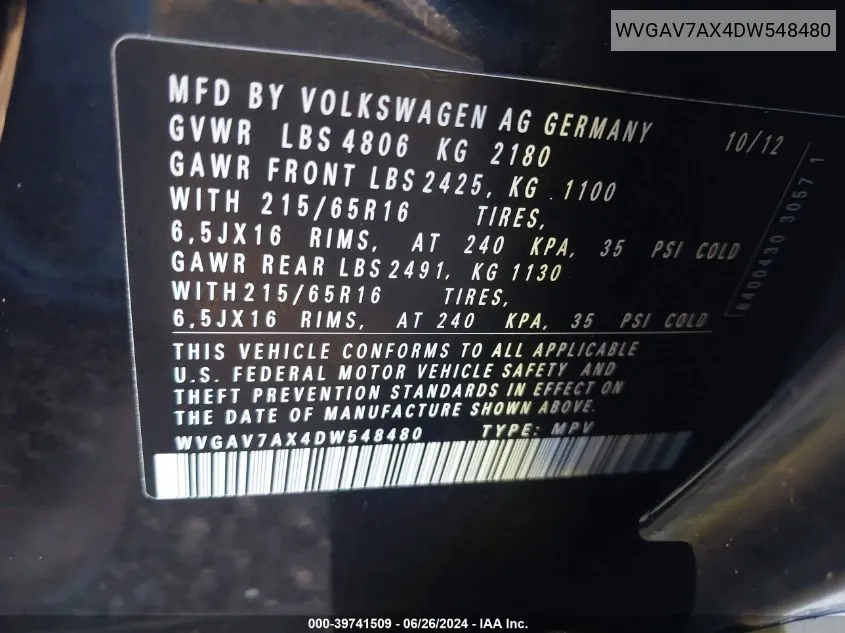 WVGAV7AX4DW548480 2013 Volkswagen Tiguan S