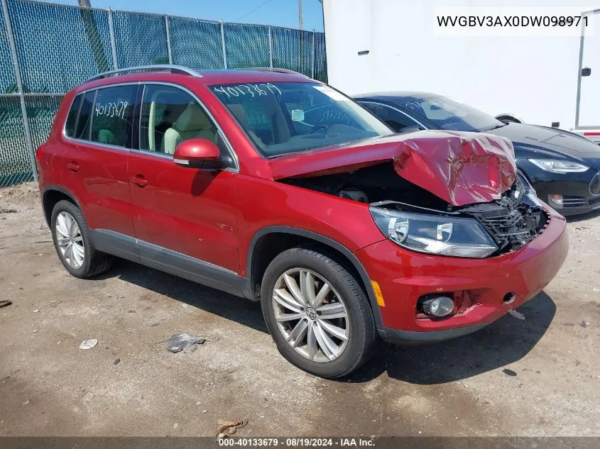 2013 Volkswagen Tiguan Se VIN: WVGBV3AX0DW098971 Lot: 40133679