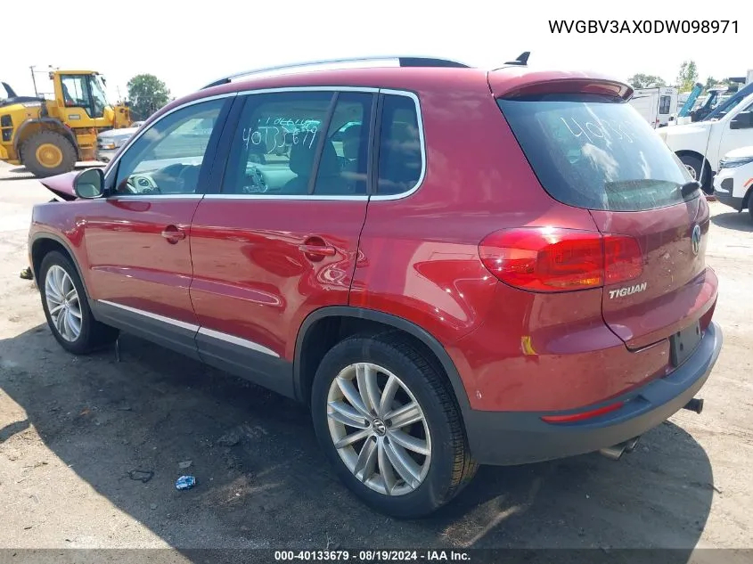 2013 Volkswagen Tiguan Se VIN: WVGBV3AX0DW098971 Lot: 40133679