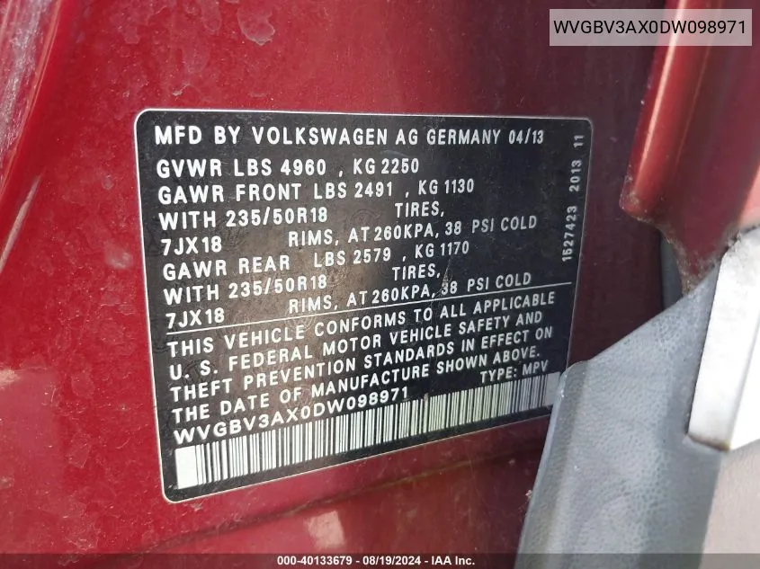 2013 Volkswagen Tiguan Se VIN: WVGBV3AX0DW098971 Lot: 40133679