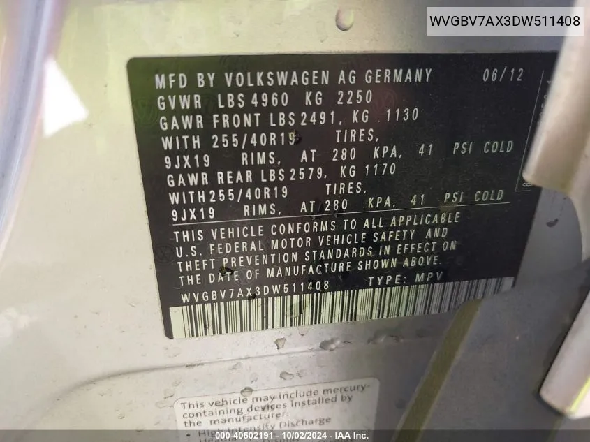 WVGBV7AX3DW511408 2013 Volkswagen Tiguan Sel