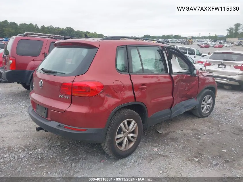 2015 Volkswagen Tiguan S VIN: WVGAV7AXXFW115930 Lot: 40316381