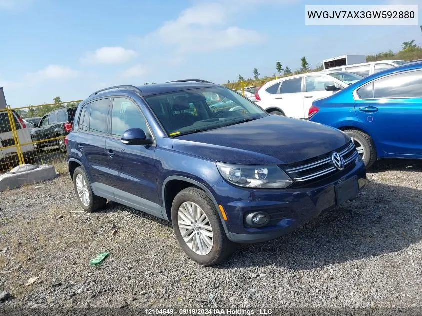 2016 Volkswagen Tiguan VIN: WVGJV7AX3GW592880 Lot: 12104549