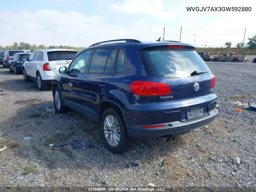 2016 Volkswagen Tiguan VIN: WVGJV7AX3GW592880 Lot: 12104549