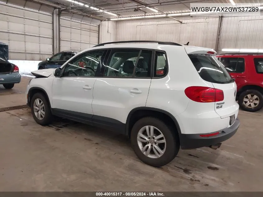 2016 Volkswagen Tiguan S VIN: WVGBV7AX2GW537289 Lot: 40015317