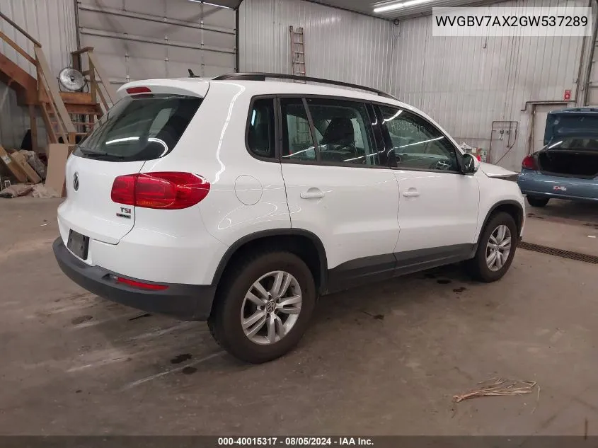 2016 Volkswagen Tiguan S VIN: WVGBV7AX2GW537289 Lot: 40015317