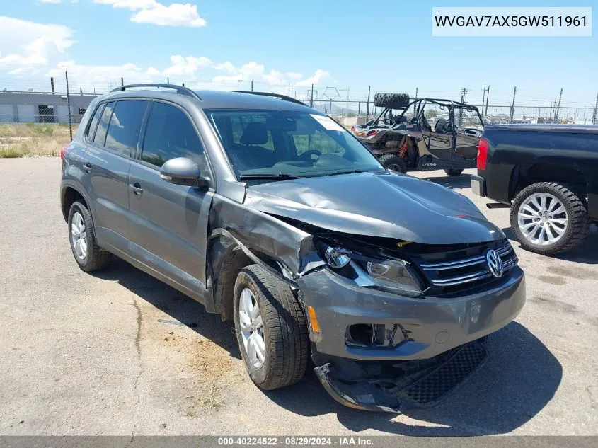 2016 Volkswagen Tiguan S VIN: WVGAV7AX5GW511961 Lot: 40224522