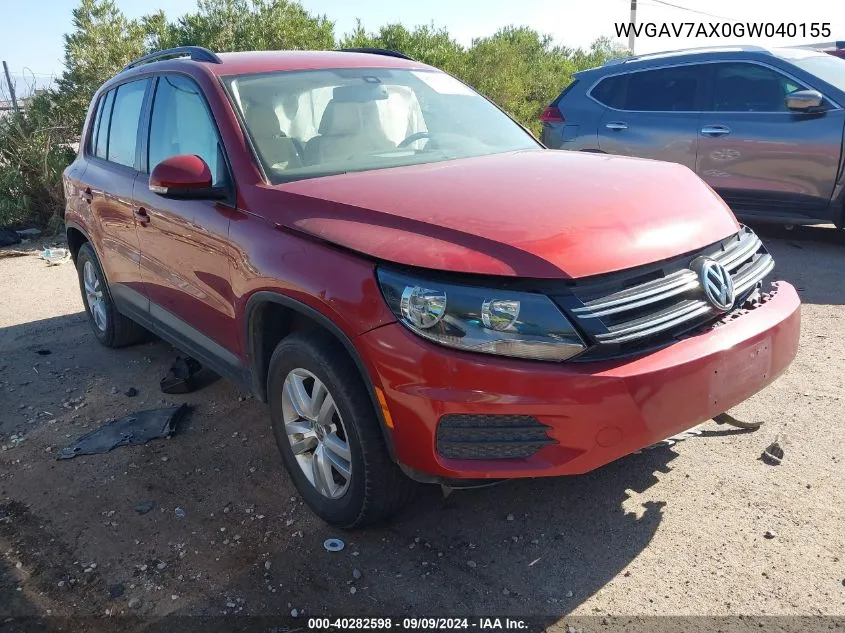 2016 Volkswagen Tiguan S VIN: WVGAV7AX0GW040155 Lot: 40282598