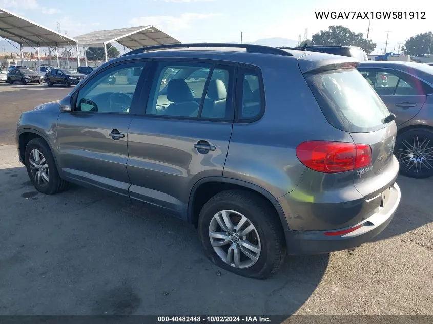 2016 Volkswagen Tiguan S/Se/Sel/R-Line VIN: WVGAV7AX1GW581912 Lot: 40482448