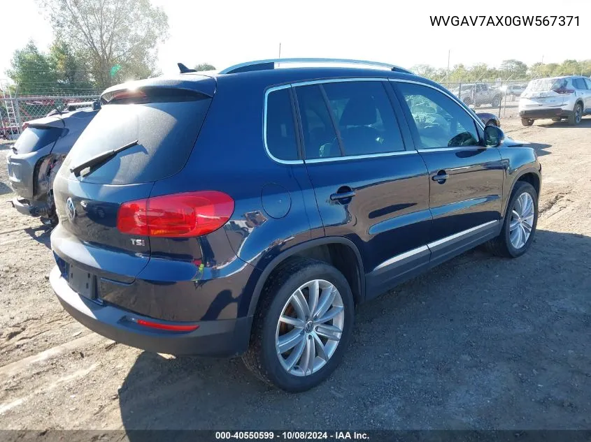 2016 Volkswagen Tiguan S/Se/Sel/R-Line VIN: WVGAV7AX0GW567371 Lot: 40550599