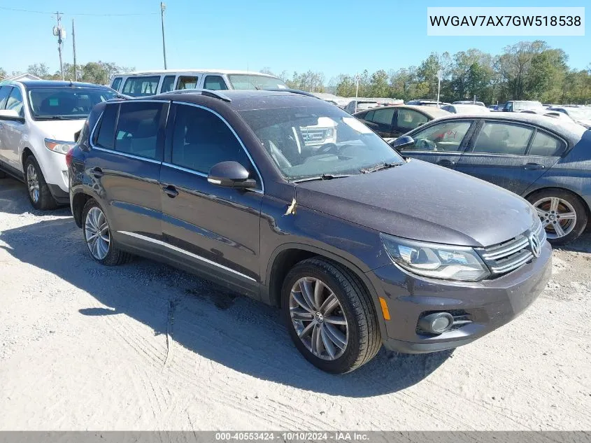 2016 Volkswagen Tiguan Se VIN: WVGAV7AX7GW518538 Lot: 40553424