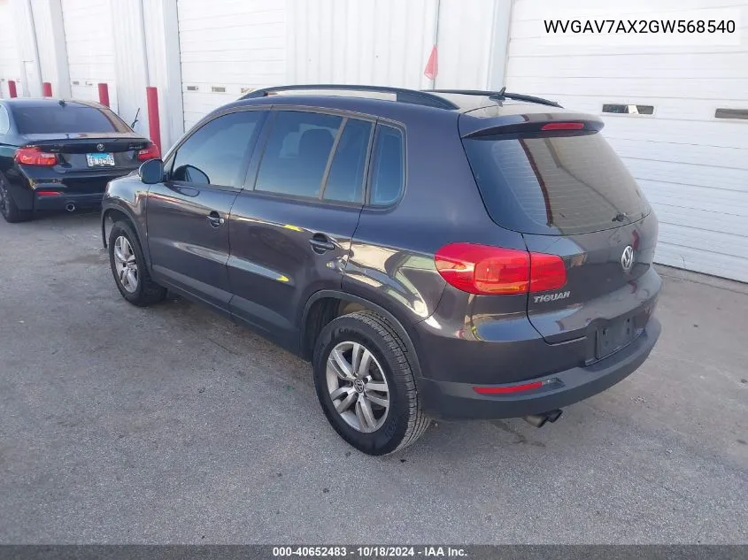 2016 Volkswagen Tiguan S VIN: WVGAV7AX2GW568540 Lot: 40652483