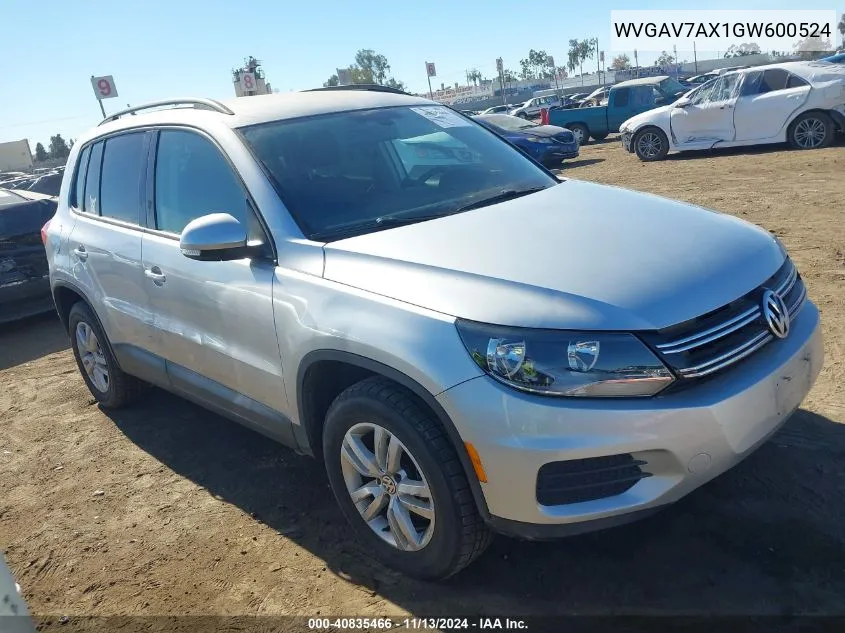 2016 Volkswagen Tiguan S VIN: WVGAV7AX1GW600524 Lot: 40868317