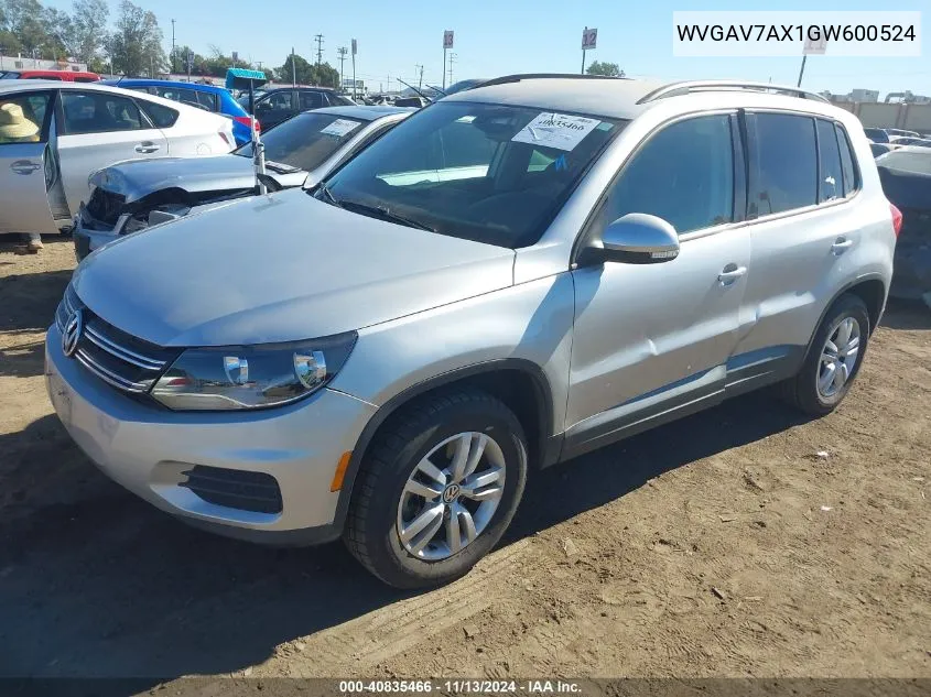 2016 Volkswagen Tiguan S VIN: WVGAV7AX1GW600524 Lot: 40868317