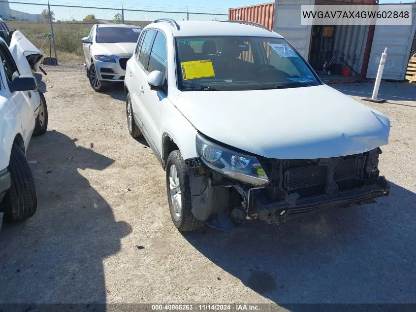 2016 Volkswagen Tiguan S VIN: WVGAV7AX4GW602848 Lot: 40865263