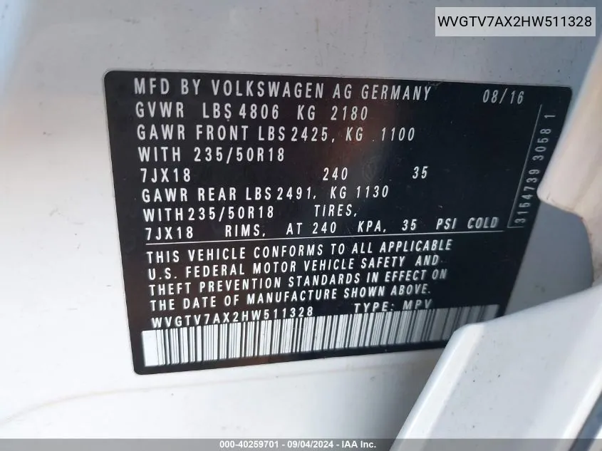 WVGTV7AX2HW511328 2017 Volkswagen Tiguan 2.0T Sport