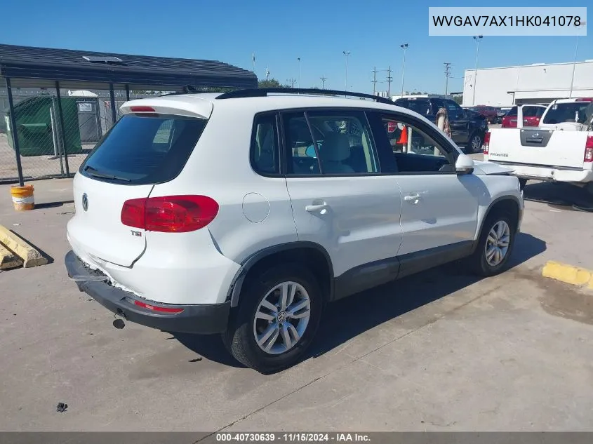 2017 Volkswagen Tiguan 2.0T/2.0T S VIN: WVGAV7AX1HK041078 Lot: 40730639