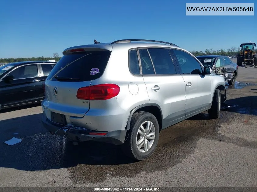 2017 Volkswagen Tiguan 2.0T S VIN: WVGAV7AX2HW505648 Lot: 40849942