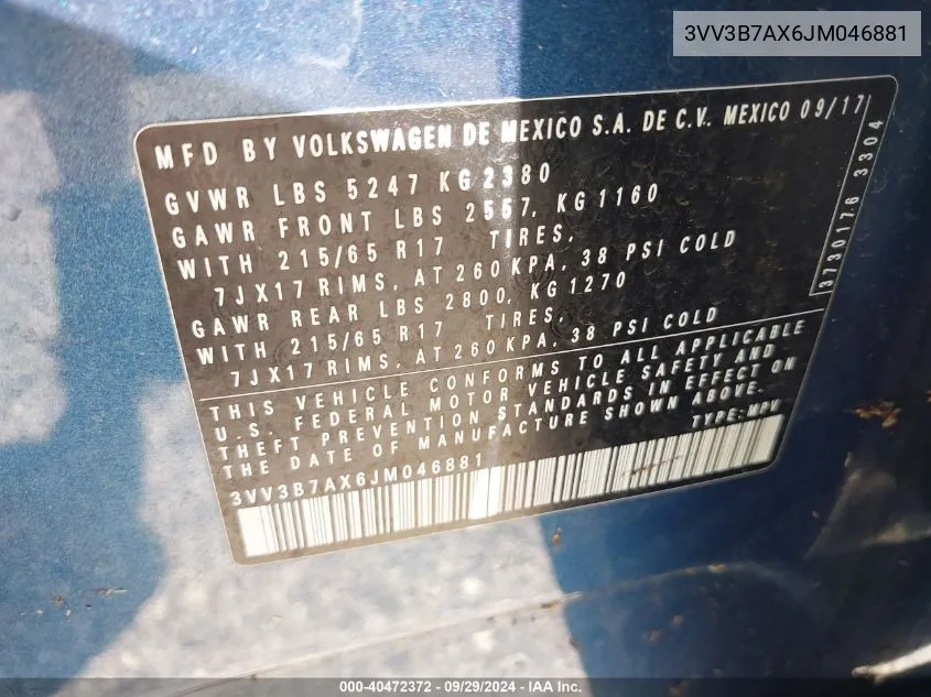 3VV3B7AX6JM046881 2018 Volkswagen Tiguan Se/Sel