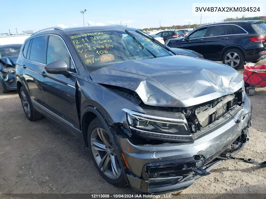 2019 Volkswagen Tiguan VIN: 3VV4B7AX2KM034524 Lot: 12113008