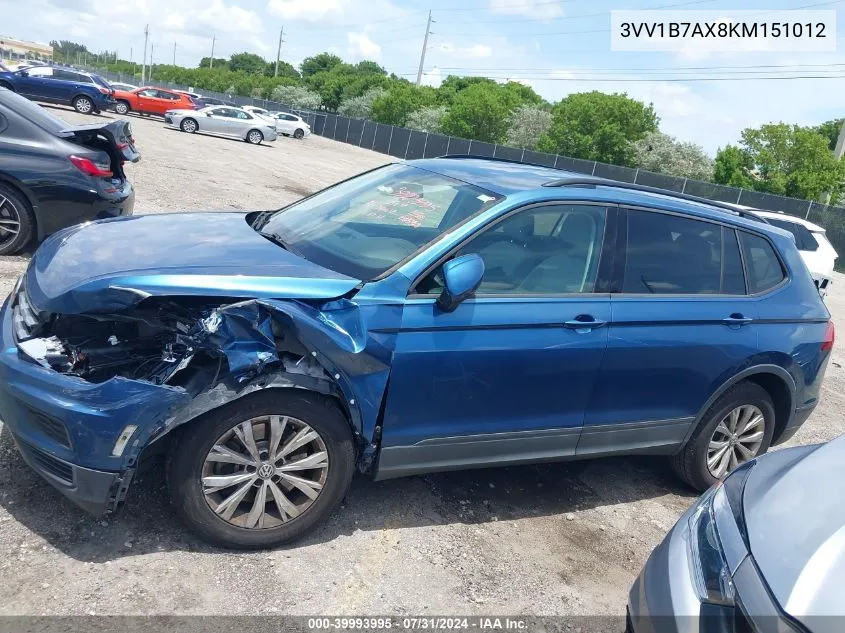 2019 Volkswagen Tiguan 2.0T S VIN: 3VV1B7AX8KM151012 Lot: 39993995