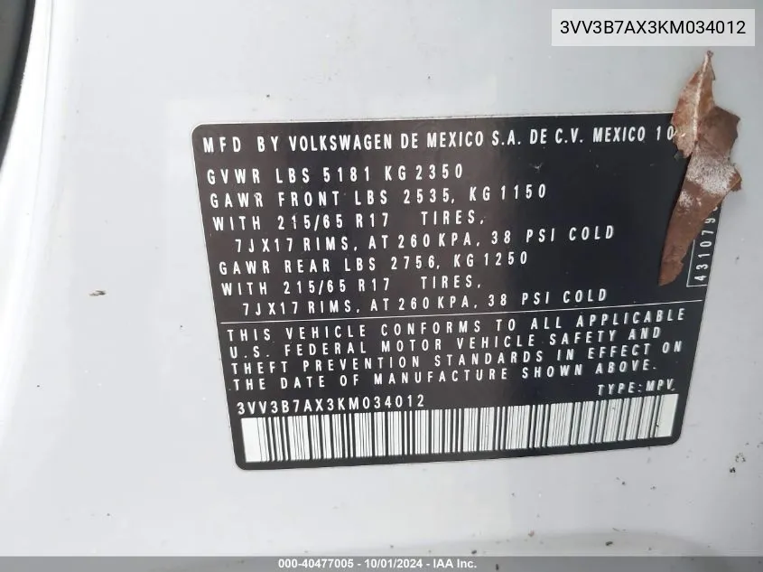 3VV3B7AX3KM034012 2019 Volkswagen Tiguan Se/Sel/Sel R-Line Jet-Bla