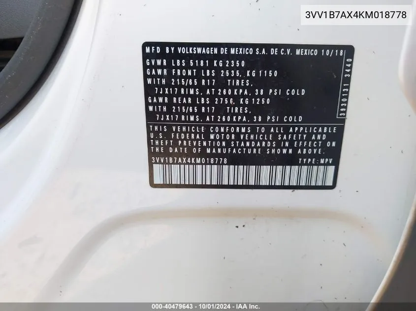 3VV1B7AX4KM018778 2019 Volkswagen Tiguan S