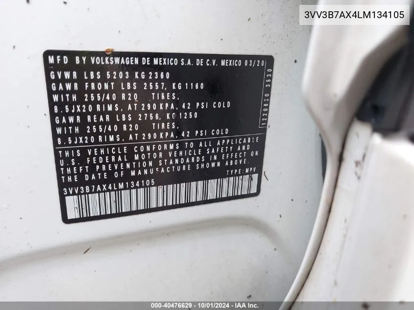 3VV3B7AX4LM134105 2020 Volkswagen Tiguan Se/Sel