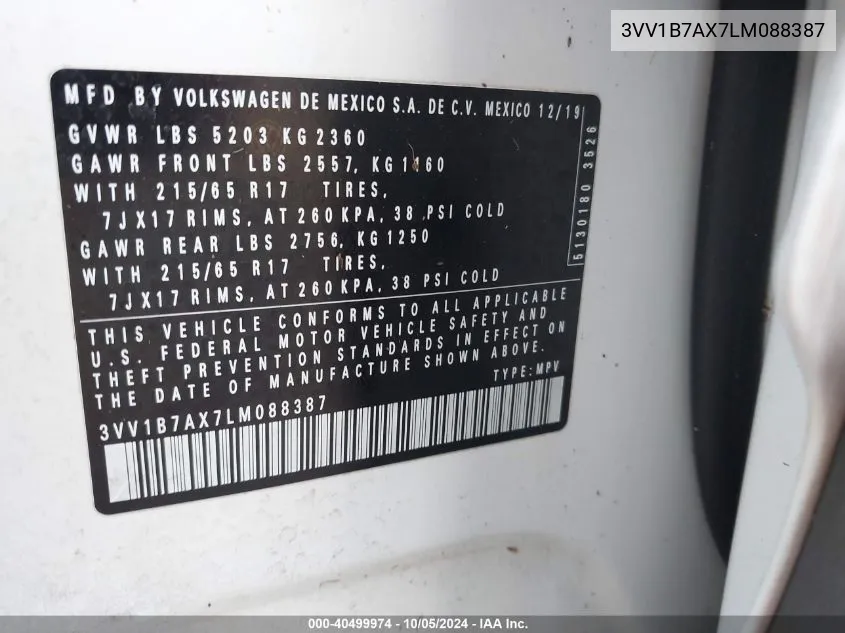 3VV1B7AX7LM088387 2020 Volkswagen Tiguan S