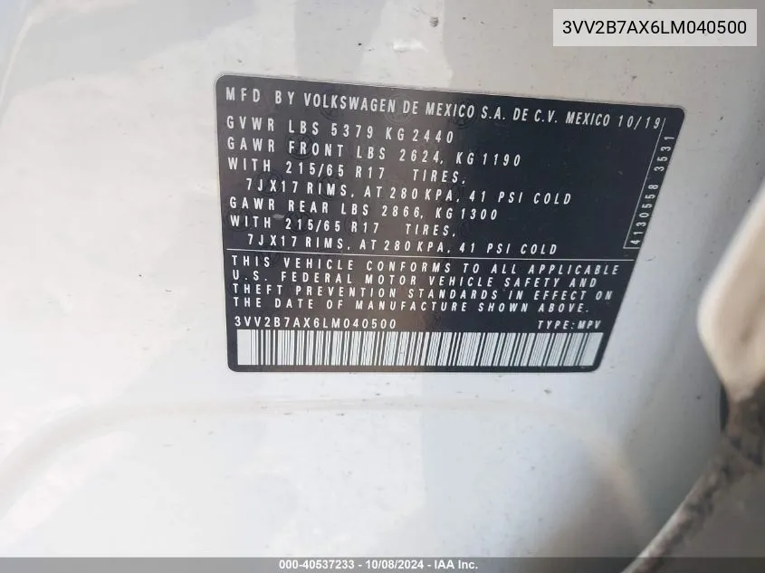 3VV2B7AX6LM040500 2020 Volkswagen Tiguan 2.0T Se/2.0T Se R-Line Black/2.0T Sel