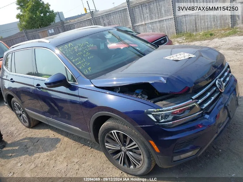 2021 Volkswagen Tiguan VIN: 3VV4B7AX6MM154250 Lot: 12094369