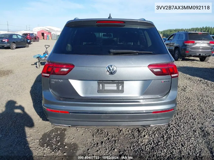 2021 Volkswagen Tiguan 2.0T Se/2.0T Se R-Line Black/2.0T Sel VIN: 3VV2B7AX3MM092118 Lot: 40407723