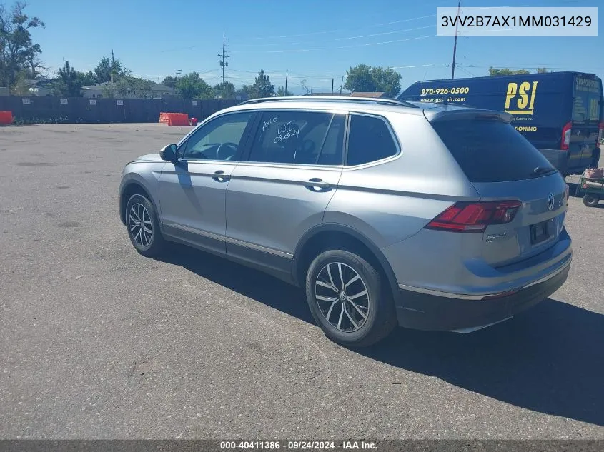 2021 Volkswagen Tiguan 2.0T Se/2.0T Se R-Line Black/2.0T Sel VIN: 3VV2B7AX1MM031429 Lot: 40411386