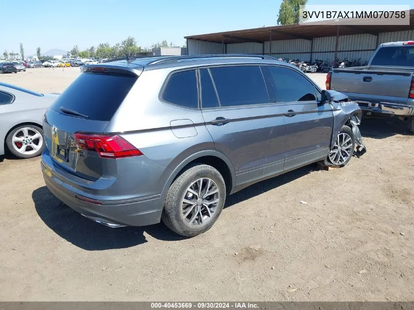 2021 Volkswagen Tiguan 2.0T S VIN: 3VV1B7AX1MM070758 Lot: 40453669