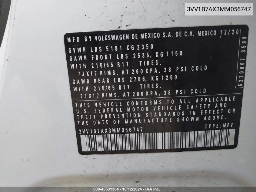 2021 Volkswagen Tiguan S VIN: 3VV1B7AX3MM056747 Lot: 40531304