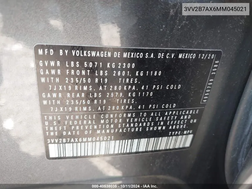 2021 Volkswagen Tiguan 2.0T Se/2.0T Se R-Line Black/2.0T Sel VIN: 3VV2B7AX6MM045021 Lot: 40538035