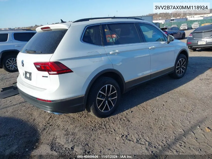 2021 Volkswagen Tiguan 2.0T Se/2.0T Se R-Line Black/2.0T Sel VIN: 3VV2B7AX0MM118934 Lot: 40809606