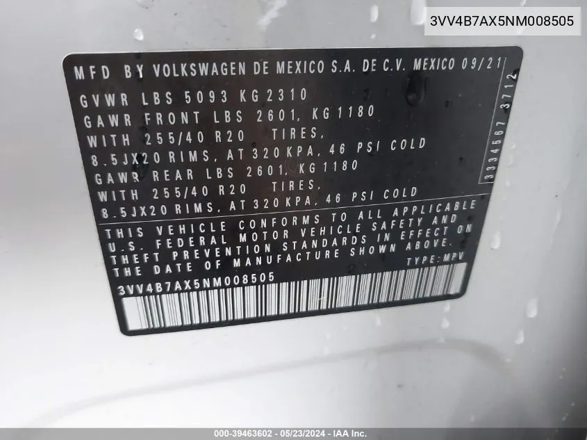 3VV4B7AX5NM008505 2022 Volkswagen Tiguan 2.0T Sel R-Line