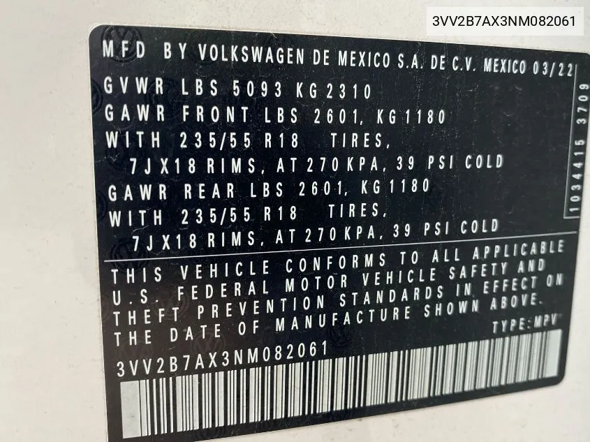 2022 Volkswagen Tiguan 2.0T Se VIN: 3VV2B7AX3NM082061 Lot: 40823767