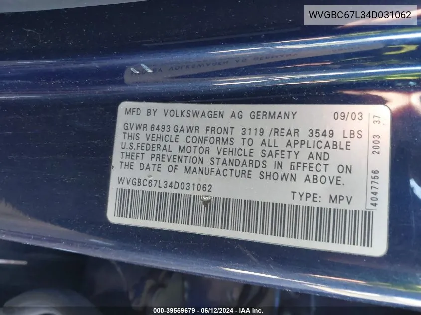 WVGBC67L34D031062 2004 Volkswagen Touareg V6